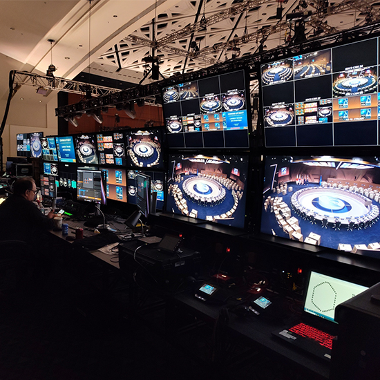 Multiple monitors showing feeds from video cameras